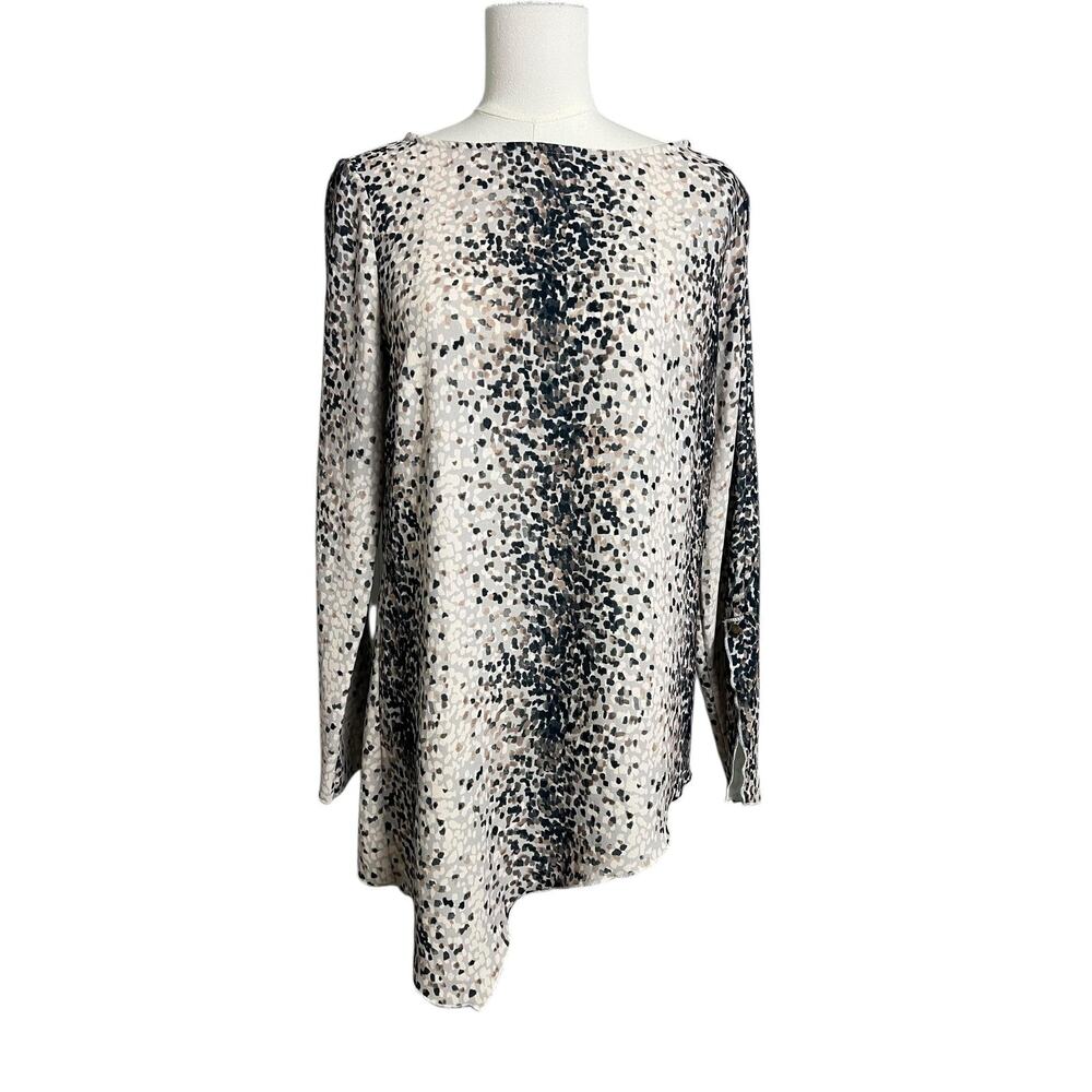 Joan Vass Tunic Blouse Womens Medium Beige Animal Print Asymmetrical Hem Top